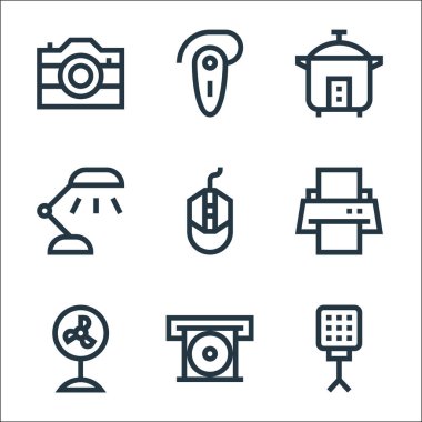 Elektronik hat simgeleri. Doğrusal küme. Işık, cd çalar, fan, yazıcı, fare, masa lambası, pirinç pişirici, eller boş gibi kalite vektör dizisi