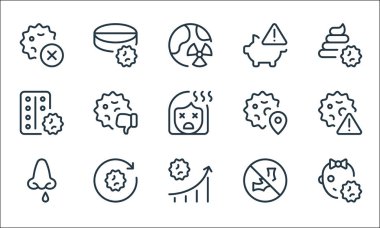 Koronavirüs çizgisi simgeleri. Doğrusal küme. Bebek kız, grafik, bulaşıcı hastalık, yasaklanmış, yayılmış, uyuşturucu, konum, alarm, ilaç gibi kalite vektör dizileri