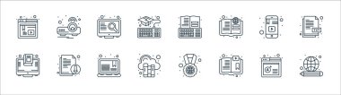 çevrimiçi öğrenme satırı simgeleri. Doğrusal küme. kalite vektör çizgisi kümesi örneğin dünya kılavuzu, kitap, dijital kütüphane, akıllı telefon, arama, video
