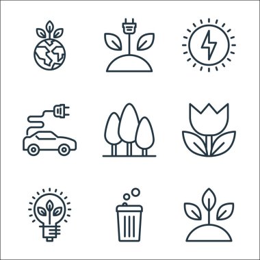 Ekoloji çizgisi simgeleri. Doğrusal küme. Filiz, çöp, yenilik, çiçek, orman, elektrikli araba, güneş enerjisi, enerji gibi kalite vektör çizgisi kümesi