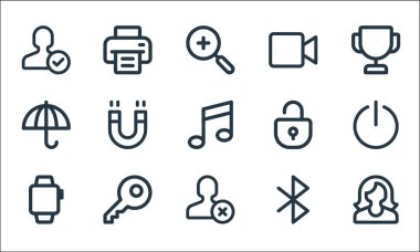 kullanıcı arayüzü satır simgeleri. Doğrusal küme. Kadın, blok kullanıcısı, smartwatch, diş, anahtar, şemsiye, kilitlenmemiş, video, yazıcı gibi kalite vektör dizisi