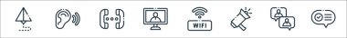 iletişim hattı simgeleri. Doğrusal küme. İletişim, sohbet, megafon, kablosuz ağ, internet, sohbet, dinle gibi kalite vektör çizgisi