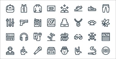 Hip hop çizgisi simgeleri. Doğrusal küme. Vinil, rock, boombox, dj, smartphone, marijuana, hip hop, gun gibi kalite vektör dizileri