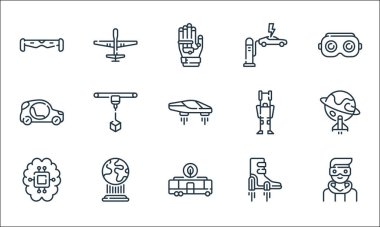 technology of the future line icons. linear set. quality vector line set such as man, electric bus, artificial intelligence, flying shoes, hologram, car, exoskeleton, electric charge, uav clipart