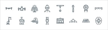technology of the future line icons. linear set. quality vector line set such as artificial intelligence, uav, exoskeleton, crane, spaceship, solar panel, d printer, jetpack clipart
