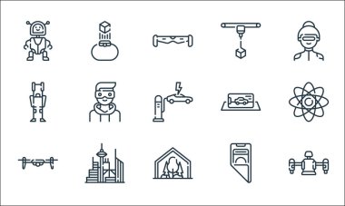 Gelecekteki çizgi simgelerinin teknolojisi. Doğrusal küme. Jet pack, kubbe, kuadrokopter, katlanabilir telefon, fütüristik, dış iskelet, sanal gerçeklik, d yazıcı, smartwatch gibi kalite vektör dizileri