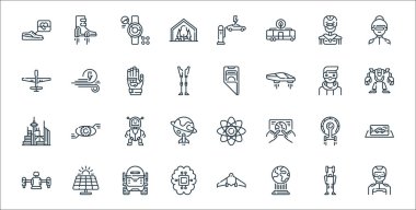 technology of the future line icons. linear set. quality vector line set such as man, hologram, artificial intelligence, jetpack, spaceship, robot, robot, foldable phone, wind energy clipart