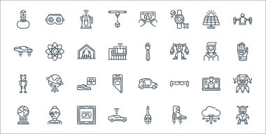 Gelecekteki çizgi simgelerinin teknolojisi. Doğrusal küme. Robot, uçan ayakkabılar, otonom araba, hologram, video çağrısı, akıllı ayakkabılar, eldiven, robotik kol, bilim gibi kalite vektör dizileri