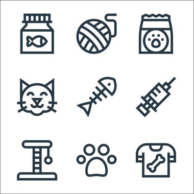 Evcil hayvan dükkânı simgeleri. Doğrusal küme. Hayvan, pawprint, kazı, iğne, balık kemiği, kedi maması, iplik yumağı gibi kalite vektör çizgisi kümesi