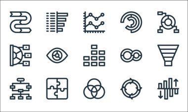 İnfografik elementler çizgi simgeleri. Doğrusal küme. Yansıma, rgb, şema, bilgi grafikleri, bulmaca parçaları, pasta grafiği, döngü, pasta grafiği, bar grafiği gibi kalite vektör dizisi