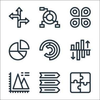 İnfografik elementler çizgi simgeleri. Doğrusal küme. Yapboz parçaları, oklar, piramit grafiği, yansıma, pasta grafiği, analitik, grafik gibi kalite vektör çizgisi kümesi