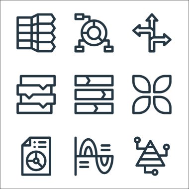 İnfografik elementler çizgi simgeleri. Doğrusal küme. Infographic, infographics, turta grafiği, yapraklar, bar grafiği, ok grafiği gibi kalite vektör çizgisi kümesi