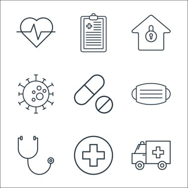 Virüs çizgisi simgeleri. Doğrusal küme. Ambülans, haç, steteskop, maske, hap, virüs, karantina, teşhis gibi kalite vektör çizgisi