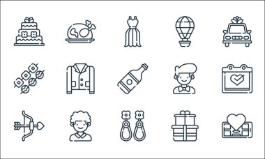 Evlilik çizgisi simgeleri. Doğrusal küme. Konum, küpe, aşk yayı, hediyeler, sağdıç, atıştırmalıklar, damat, sıcak hava balonu, tavuk gibi kalite vektör dizileri
