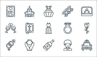 Evlilik çizgisi simgeleri. Doğrusal küme. Düğün arabası, şarap şişesi, cinsiyet, sağdıç, kolye, düğün, teklif, atıştırmalık, kilise gibi kalite vektör dizileri