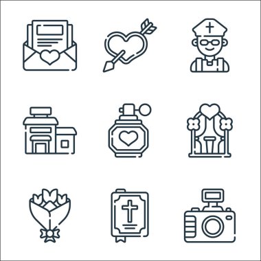 Evlilik çizgisi simgeleri. Doğrusal küme. Fotoğraf makinesi, İncil, çiçek buketi, düğün kemeri, parfüm, otel, rahip, aşk gibi kalite vektör dizileri