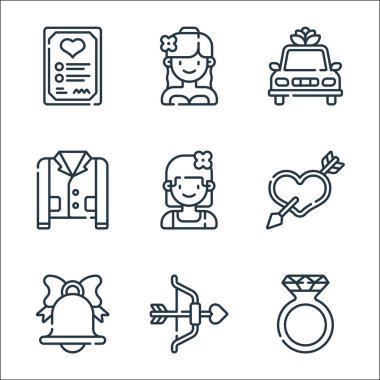 Evlilik çizgisi simgeleri. Doğrusal küme. Kaliteli vektör çizgisi önerisi, Aşk Yayı, düğün, aşk, nedime, takım elbise, düğün arabası, gelin