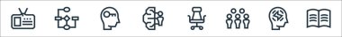 Yönetim çizgisi simgeleri. Doğrusal küme. Açık kitap, enerji, toplantı, ofis koltuğu, beyin fırtınası, anahtar, akış şeması gibi kalite vektör dizisi