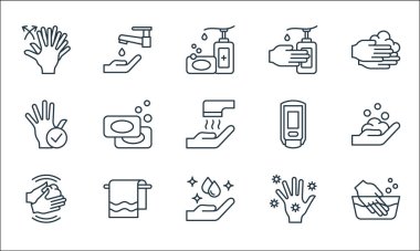 El yıkama çizgisi simgeleri. Doğrusal küme. Çamaşır, el yıkama, el yıkama, el yıkama, havlu, dezenfektan, dezenfektan gibi kalite vektör dizileri,