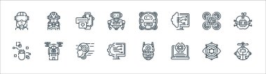 Robot çizgisi simgeleri. Doğrusal küme. Robot, yapay zeka, yapılandırma, hap, dron, smartwatch, robot, cyborg gibi kalite vektör dizileri