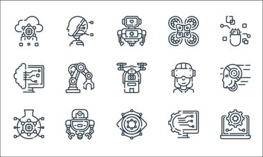 Robot çizgisi simgeleri. Doğrusal küme. Ayarlar, göz, araştırma, yapılandırma, robot, yapay zeka, sanal gerçeklik gözlüğü, dron, yapay zeka gibi kalite vektör dizileri
