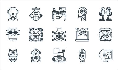 Robot çizgisi simgeleri. Doğrusal küme. Yapay zeka, sanal gerçeklik gözlükleri, robot el, robot el, cyborg, veritabanı, tarama, sayborg, robot gibi kalite vektör dizileri