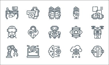 Robot çizgisi simgeleri. Doğrusal küme. Robot, beyin, robotik kol, bulut hesaplama, tarama, sanal gerçeklik gözlüğü, göz, robot el gibi kalite vektör dizileri