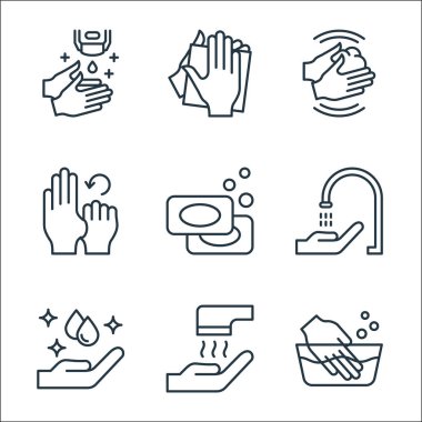 El yıkama çizgisi simgeleri. Doğrusal küme. Çamaşır, el kurutma, el yıkama, el yıkama, musluk, sabun, çamaşır yıkama, mendil gibi kalite vektör dizileri