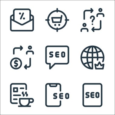 Web uygulamaları seo line simgeleri. Doğrusal küme. Arama motoru optimizasyonu, akıllı telefon, sıcak içecek, dünya çapında sohbet, kullanıcı, anahtar, hedef gibi kalite vektör dizileri