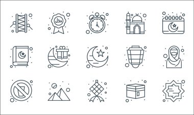 İslam ve Ramazan çizgi simgeleri. Doğrusal küme. Dekorasyon, dekorasyon, su yok, kabe, akşam, Kuran, fener, cami, helal gibi kalite vektör dizileri