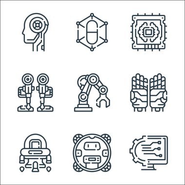 Robot çizgisi simgeleri. Doğrusal küme. Yapılandırma, robot, uzay gemisi, robot el, robotik kol, robot bacaklar, işlemci, hap gibi kalite vektör çizgisi kümesi