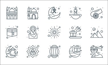 İslam ve Ramazan çizgi simgeleri. Doğrusal küme. Palmiye ağacı, fener, çaydanlık, hediye, cami, kabe, hediye, mum, cami gibi kalite vektör dizileri