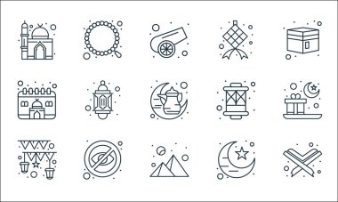 İslam ve Ramazan çizgi simgeleri. Doğrusal küme. Kur 'an, akşam, fener, hilal, gizli ay, takvim, fener, dekorasyon, tespih gibi kalite vektör dizileri