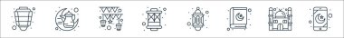 İslam ve Ramazan çizgi simgeleri. Doğrusal küme. Mobil uygulama, cami, Kuran, fener, fener, fener, fener, çaydanlık gibi kalite vektör dizileri
