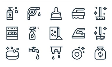 Temizlik çizgisi simgeleri. Doğrusal küme. Çöp, giysi, sabun, tabak, su musluğu, bulaşık makinesi, demir, fırça, su hortumu gibi kalite vektör dizileri