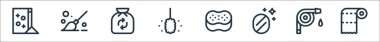 Temizlik çizgisi simgeleri. Doğrusal küme. Kağıt havlu, su hortumu, ayna, sünger, toz bezi, çöp, paspas gibi kalite vektör çizgisi