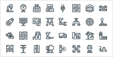 Sanayi işlem çizgisi simgeleri. Doğrusal küme. itme arabası, iş araçları, tank, stok, vinç, tank, kaldıraç, endüstriyel robot, güneş paneli gibi kalite vektör çizgisi kümesi