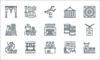 Sanayi işlem çizgisi simgeleri. Doğrusal küme. Taşıyıcı bant, ürün, taşıyıcı bant, ürün de, basın makinesi, fabrika, yağ varili, kap, kask gibi kalite vektör çizgisi kümesi