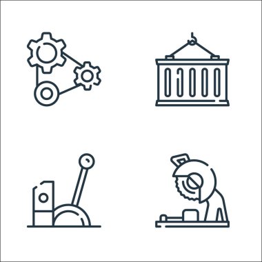 Sanayi işlem çizgisi simgeleri. Doğrusal küme. Testere, kontrol kolu, taşıyıcı gibi kalite vektör çizgisi kümesi