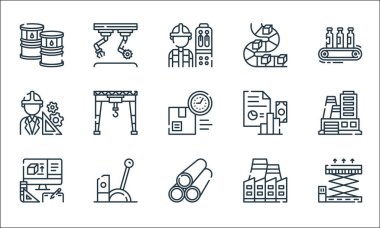 Sanayi işlem çizgisi simgeleri. Doğrusal küme. Kalite vektör çizgisi: kaldırma, tüpler, ürün de, fabrika, kontrol kolu, mühendis, rapor, taşıma bandı, montaj bandı,