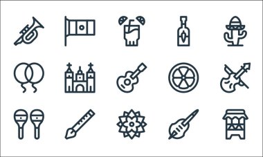 Cinco de mayonez çizgisi simgeleri. Doğrusal küme. huehuetl, dalia, maraca, toloche, flüt, balon, limon, tabasco, Meksika bayrağı gibi kalite vektör dizileri