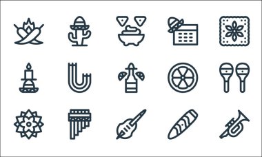 Cinco de mayonez çizgisi simgeleri. Doğrusal küme. Trompet, toloche, dalia, puro, zampona, mum, limon, cinco de mayonez, kaktüs gibi kalite vektör dizileri