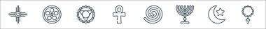 ruhani semboller çizgi simgeleri. Doğrusal küme. Tespih, müslüman, menorah, yerli, ankh, visuddha, tenrikyo gibi kalite vektör dizileri