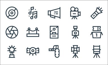 Sinema çizgisi simgeleri. Doğrusal küme. Yönetmen koltuğu, mikrofon, ödül, spot ışığı, film, deklanşör, kamera, film müziği gibi kalite vektör dizileri