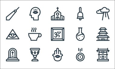 ruhani çizgi simgeleri. Doğrusal küme. Tapınak, hamsa, mezar, bağış, kutsal kadeh, tanrı, sihirli iksir, çan, meditasyon gibi kalite vektör dizileri