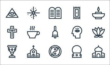 ruhani çizgi simgeleri. Doğrusal küme. Cami, yin yang, kutsal kadeh, kristal küre, kilise, haç, meditasyon, haç, kutsal haç gibi kalite vektör çizgisi.