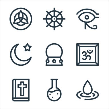 ruhani çizgi simgeleri. Doğrusal küme. Yağmur damlası, sihirli iksir, İncil, Hinduizm, kristal küre, İslam, Ra 'nın Gözü, Budizm gibi kalite vektör çizgisi