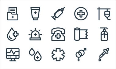 Tıbbi öğeler çizgisi simgeleri. Doğrusal küme. Düşürücü, sağlık görevlisi, kardiyogram, cinsiyet, kan damlası, kan, doku, sağlık, krem gibi kalite vektör çizgisi