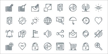 kullanıcı arayüzü satır simgeleri. Doğrusal küme. yakınlaştırma, el arabası, önceki, veritabanı ekle, yenile, bayrak, kalp, e-posta, ayar gibi kalite vektör çizgisi