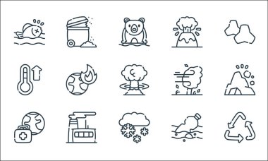 İklim değişikliği çizgisi simgeleri. Doğrusal küme. Geri dönüşüm, kar, dünya, su kirliliği, fabrika, sıcaklık, rüzgar, volkan, çöp gibi kalite vektör çizgisi kümesi